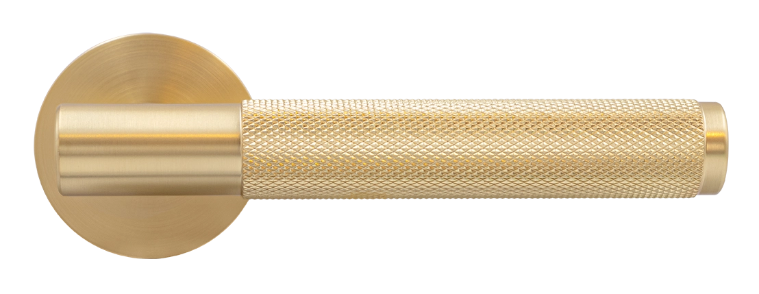 Ручка дверная AZRIELI MH-57-R6T MSG раздельная на круглой розетке, цвет матовый сатинированный золото, ЦАМ фото купить в Екатеринбурге