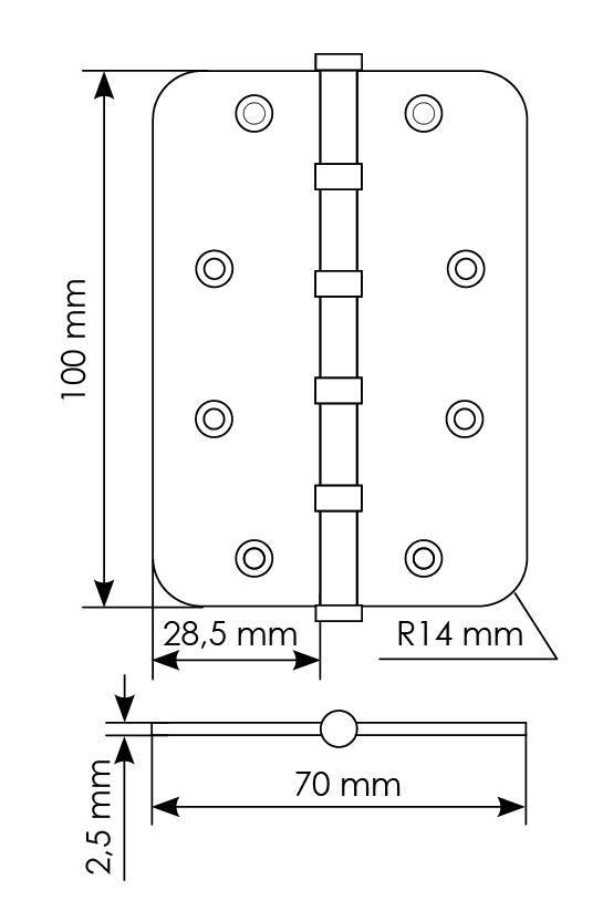 Петля стальная MSN-C 100X70X2.5-4BB SG скругленная универсальная с подшипником, вес полотна до 40 кг, цвет matte gold фото купить в Екатеринбурге